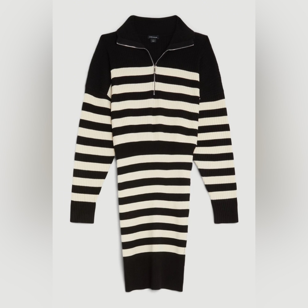 Karen Millen - Viscose blend fly collar rib knit stripe mini dress